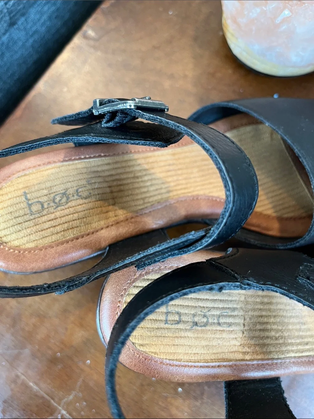 b.o.c Black Leather Closed Toe Platform Clog Heels with Ankle Strap